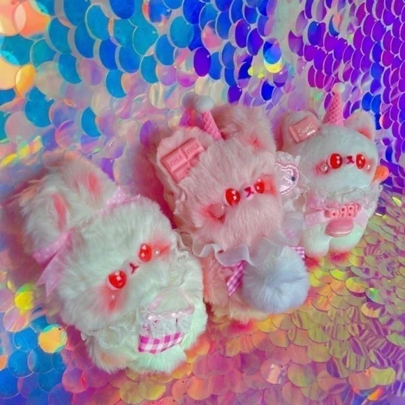 Strawberry Pink Sugar Cone Bunny Cat & Teddy Bear Plush Set